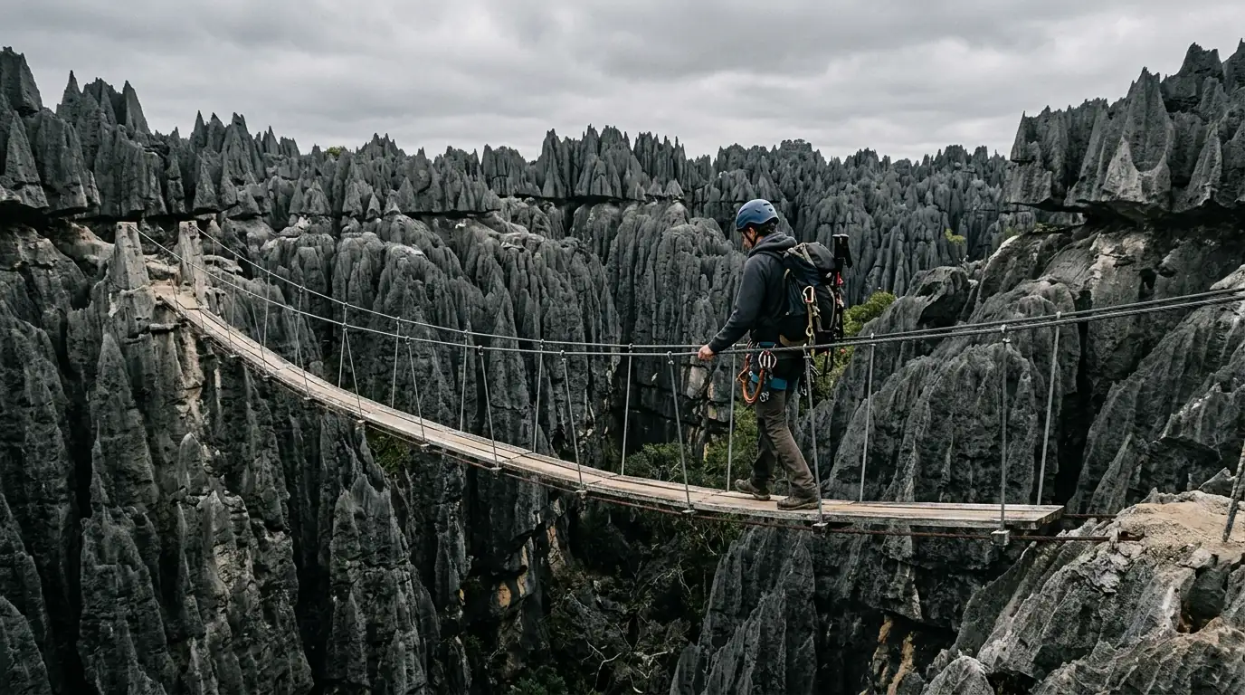 Interpretive AI-created illustration of a hiker in helmet and harness crossing a suspension bridge between limestone pinnacles