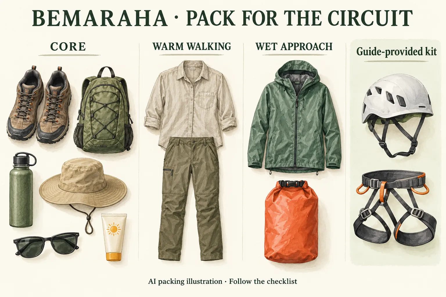 AI illustration: AI-generated packing illustration: suggested layers and equipment for the conditions. Follow the readable checklist and current local guidance.