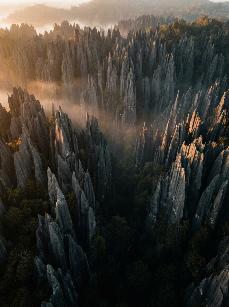 AI-created editorial illustration of razor-sharp limestone pinnacles rising from jungle at sunrise, in the style of Tsingy de Bemaraha