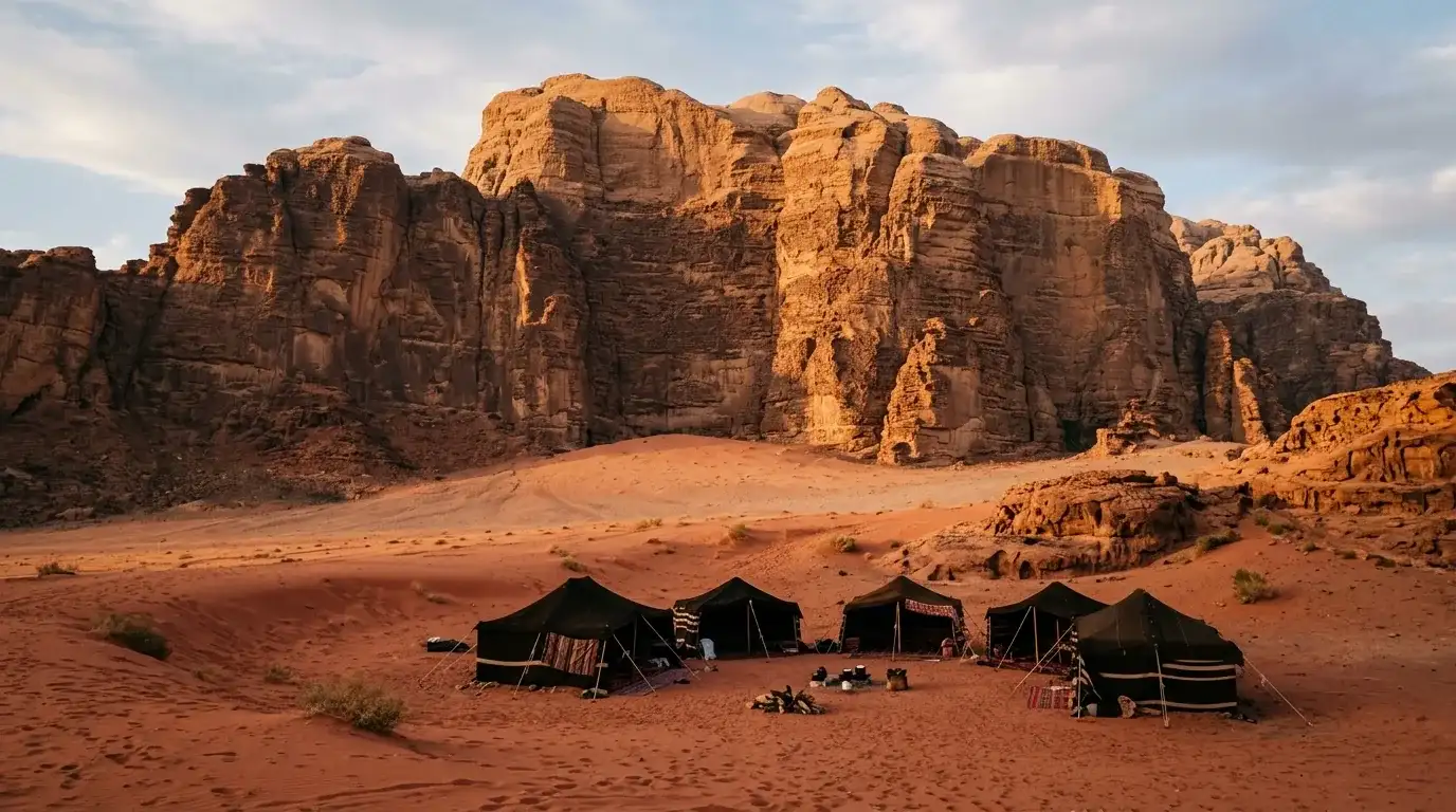 Interpretive AI-created illustration of a small cluster of low black bedouin tents dwarfed by an enormous sandstone jebel