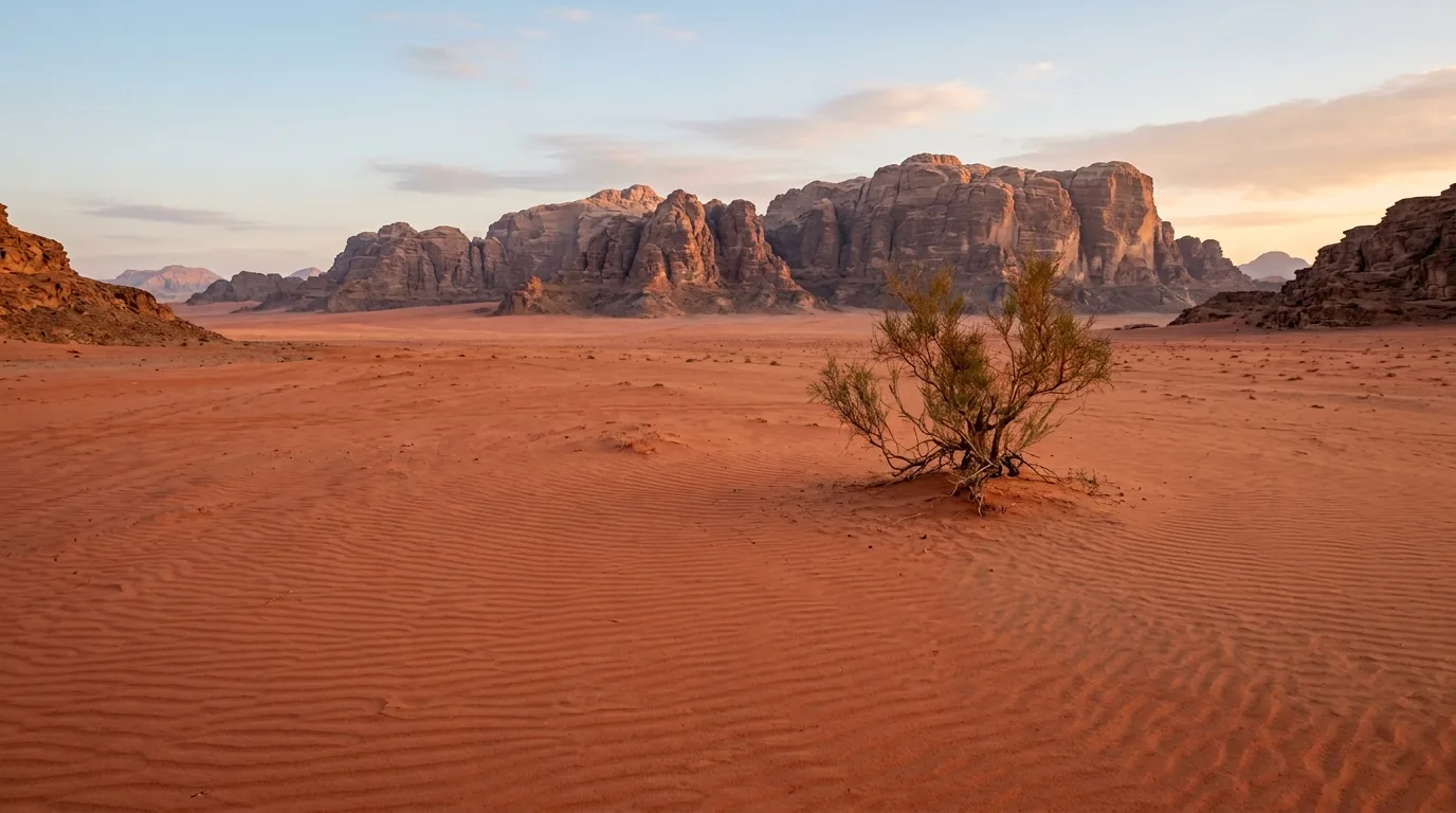 Interpretive AI-created illustration of an empty corner of red sand desert with no camps and no vehicle tracks, running to a distant sandstone wall