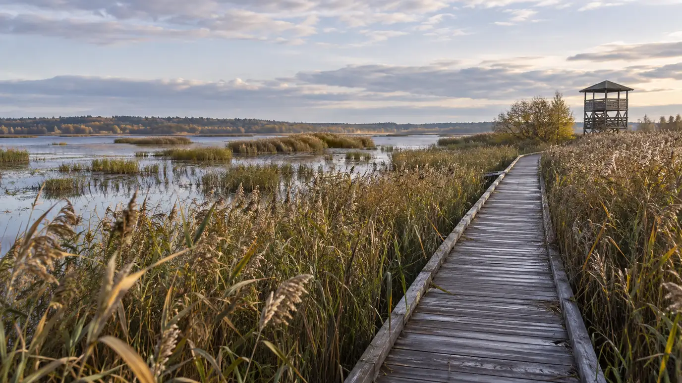 AI-created illustration: an imagined boardwalk through lakeside reeds