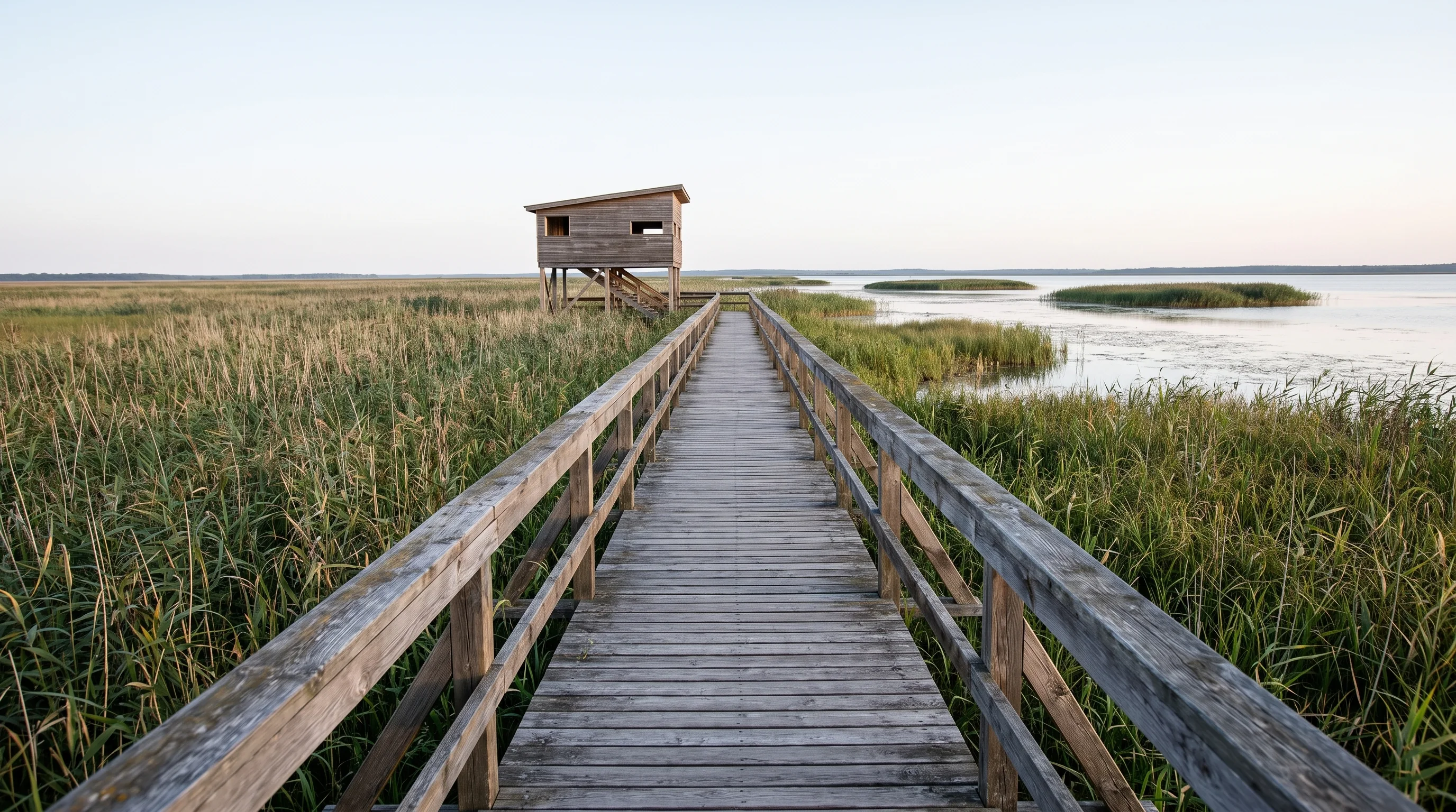 AI-created editorial illustration of the real narrow timber boardwalk crossing tall reedbeds toward the birdwatching tower at Lake Žuvintas